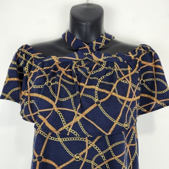 MICHAEL Michael Kors NWT Flounce Halter Neck Blouse XS Blue Equestrian Chain - Picture 2 of 7